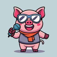 Obraz premium Cartoon Pig Character Singing With Microphone And Sunglasses Illustration