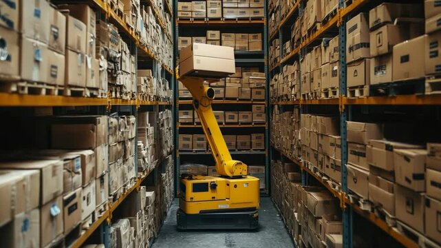 Yellow robotic arm, manipulator is lifting a package from a shelf full of cardboard boxes in a large warehouse. The robot is working autonomously in a fully automated storage facility. Copy space