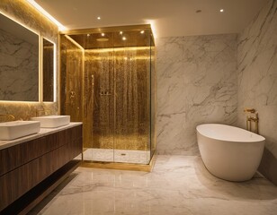 Luxurious bathroom featuring marble finishes and gold fixtures, creating an elegant and modern atmosphere.
