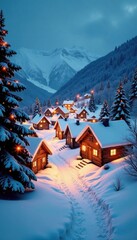 Fototapeta premium Snowy village with golden lights against a white snowy background, snowy landscape, festive atmosphere, cozy scene