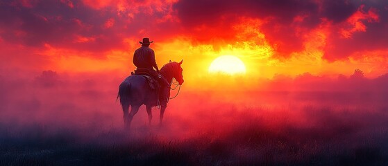 Fototapeta premium Silhouette of a rider on horseback against a fiery sunset sky.