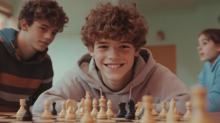 Group of young students engaging in a lively chess match, fostering friendly competition while honing their strategic thinking skills within the school's vibrant chess club