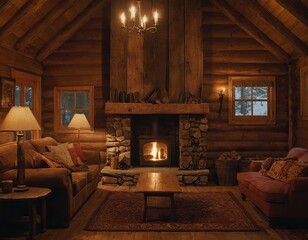 Cozy rustic cabin interior with warm lighting and a stone fireplace, perfect for relaxation.