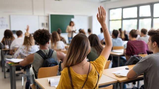 Students in a classroom with one raising hand while the teacher is in front of the chalkboard