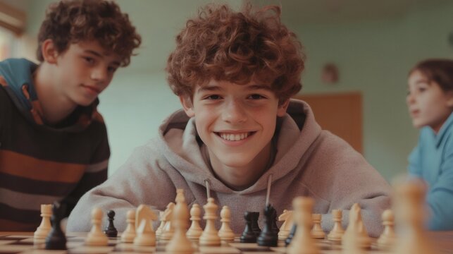 Group of young students engaging in a lively chess match, fostering friendly competition while honing their strategic thinking skills within the school's vibrant chess club