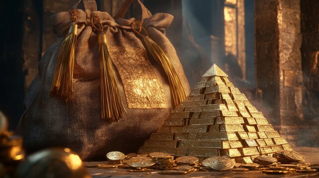 Fototapeta Hero shot of premium game treasure assets, featuring oversized royal treasury bag with golden tassels, crystalline gold bars stacked in pyramid formation, antique coins with detailed relief work
