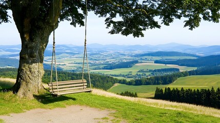 Tranquil swing perspective scenic valley nature photography bright day serene environment peaceful concept