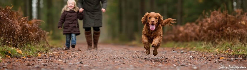 Child and dog play together in forest outdoor adventure nature joyful scene close-up view