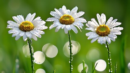Morning dew on daisies nature garden macro photography vibrant green background close-up beauty of blooms