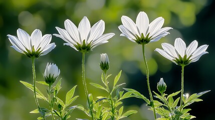 Blooming white flowers in nature close-up photography bright green background serenity