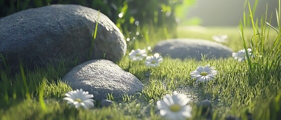 Tranquil nature scene with flowers and rocks serene meadow photograph morning light peaceful concept