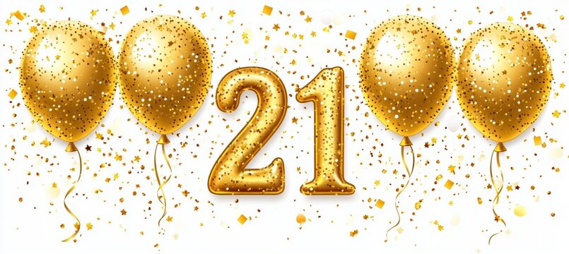 Golden Number 21 Balloons With Confetti For Twenty-First Birthday On A White Background