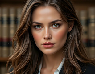 Woman Portrait with Books in Background Looking at Camera