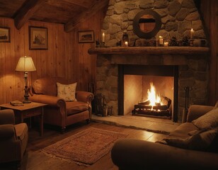 Cozy living room with a stone fireplace, warm lighting, and wood accents creating a relaxing atmosphere.