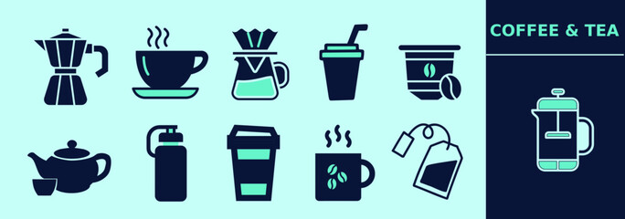 Coffee, tea set of icons with moka, chemex, coffee pod, beans, coffee mug, tea cup, teapot, expresso machine, tea bag, paper cups. Editable icon elements, size and color. Convertible to line icons.