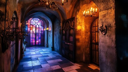 Fototapeta premium Mysterious Gothic Hallway With Arched Architecture Stone Walls and Soft Lighting