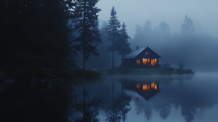 Fototapeta premium Mysterious Misty Cabin on Lake Shore at Night Surrounded by Dark Forest