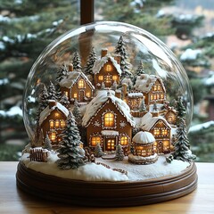 Snow globe with miniature village houses and trees inside on a wooden surface.