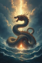 Fototapeta premium Serpent entwined around Mount Mandara illuminates the sky during cosmic churning