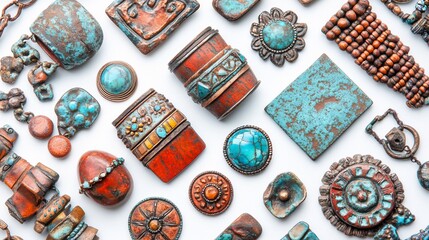 Fototapeta premium Handmade turquoise jewelry arranged on a white surface, flat lay for e-commerce