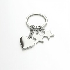 Minimalist silver keychain with 3D heart and star charms on a pure white background. Ideal for banners and e-commerce, with elegant metallic textures and space for text.