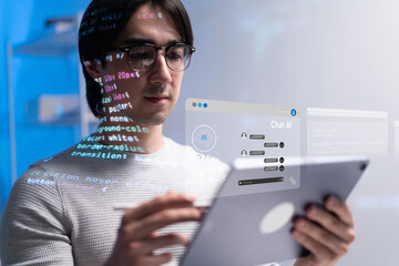 focused software engineer reviews code on tablet, surrounded by projected coding elements. scene highlights dedication of developer in tech driven environment. coding developer software engineer