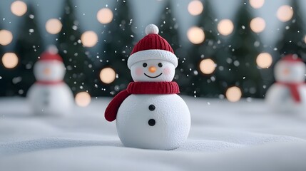 Fototapeta premium Cheerful snowman in snowy winter landscape