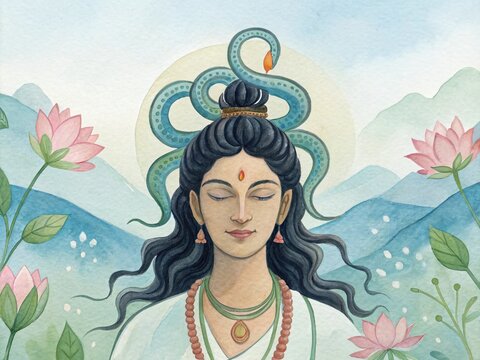 Watercolor portrayal of Manasa Devi, the revered snake goddess, amidst serene nature