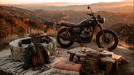 Biker's Vista: An adventure motorcycle rests in a picturesque mountain vista, complemented by a meticulously arranged picnic setup.
