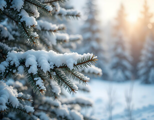 Snow Covered Evergreen Tree Branch in Winter Forest