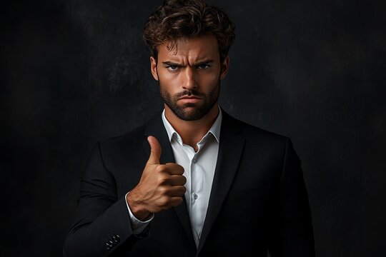 Businessman in formal attire making a thumbs down gest