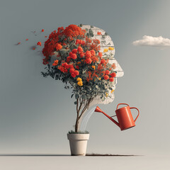 A watering can pouring water from above onto a plant shaped like a human head with grain growing from it &mdash; symbolizing the concept of cultivating the mind through learning and knowledge.