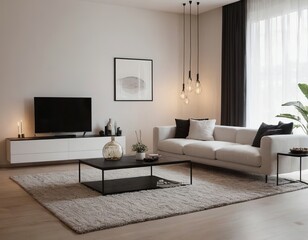 Stylish modern living room featuring a cozy white sofa and elegant pendant lighting.