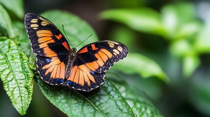 Fototapeta premium Orange and Black Butterfly Perched on a Green Leaf in Daylight