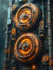 Fototapeta premium Large gears and machinery structure with orange light in a dark industrial setting.