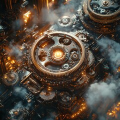 Steampunk style abstract machinery with gears and glowing light against a dark background.