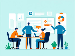 Vector illustration of a corporate team collaborating on a project with laptops and whiteboard presentation. Flat design style with professional colors.