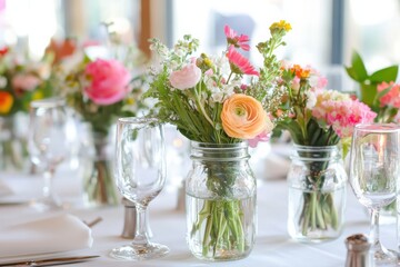 Charming floral centerpieces in mason jars, arranged on a beautifully set table, add a touch of rustic elegance to any celebration.