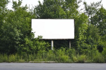 Blank billboard surrounded by lush greenery, a rustic roadside scene perfect for your message. Ready for advertising creativity.