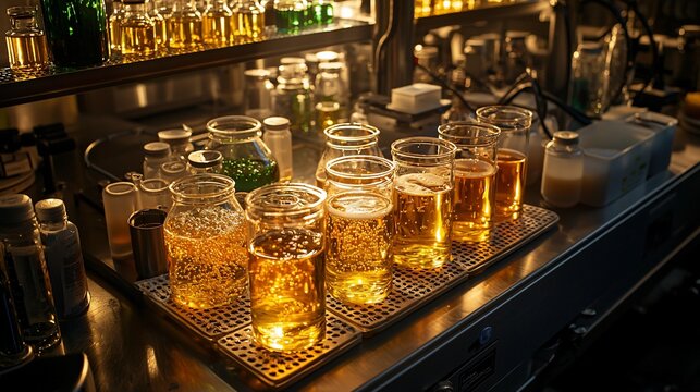 Illuminated laboratory glassware with amber liquids undergoing scientific processes
