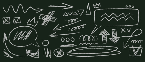 White chalk doodles on blackboard background. Vector realistic illustration of handwritten crayon signs, arrow, curvy spiral line, speech bubble sketches, hand drawn marks on black, school scribbles