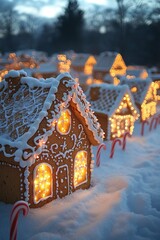 Miniature houses covered in snow with warm light glow against a blurred background.