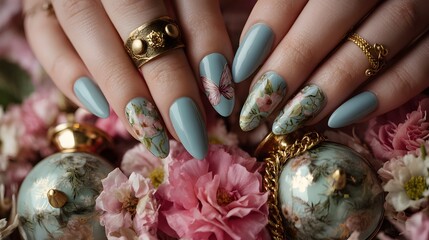 Elegant Floral Manicure: A close-up shot of hands showcasing a sophisticated, long, almond-shaped manicure, delicately adorned with floral designs, resting amongst blossoms.