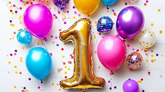 Golden Number One Balloon With Colorful Balloons And Confetti For 1st Birthday Celebration