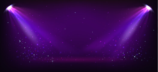 Purple stage with award ceremony spotlight background, festive sparkling stars, glowing projector rays and shimmering glitter particles on dark bg. Winners announcement or luxury event decoration.