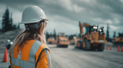 Construction Worker Observing Heavy Machinery: A Serene Industrial Scene