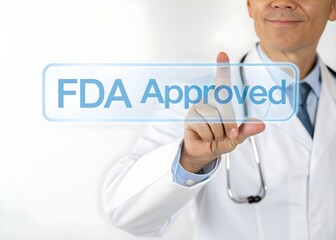 Photo of a doctor in a white coat touching a transparent digital screen with the text ‘FDA Approved’ glowing in blue, representing medical certification and trust.