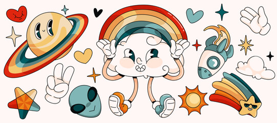 Retro style colorful cartoon illustration - happy cute smiling cloud character with rainbow, planet and asteroid, stars and alien, hand glove showing peace gesture. Quirky fun comic space stickers set