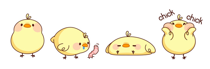 Kawaii little yellow chick character set of Easter design - cute farm small bird standing and lying, hungry look with appetite at worm, blushing with pink chicks. Spring holiday funny mascot.