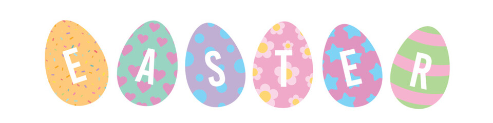 Happy Easter Vector Creative Greeting Card or Banner. Easter Word on Decorated Easter Eggs. Spring Flowers, Plants and Shapes decorations. Painted and Ornamental Eggs Hunt Creative Easter Design.